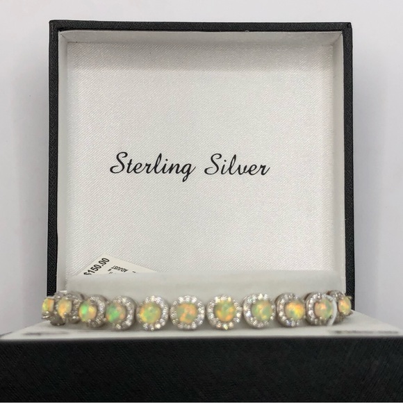 NWT Sterling Silver BRACELET Lab Created Opals (12) Adjustable Size Jewelry - Picture 5 of 9
